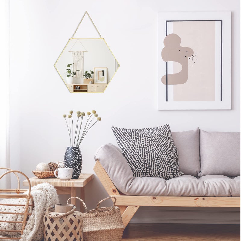 LONGWIN Hanging Wall Hexagon Mirror Decor Gold Geometric Mirror with Chain for Bathroom Bedroom Living Room 11.8"x 10.2" - Image 5